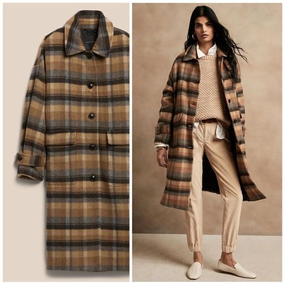 Banana Republic Virgin Wool Oversized Plaid Italian Melton Coat - Picture 1 of 7